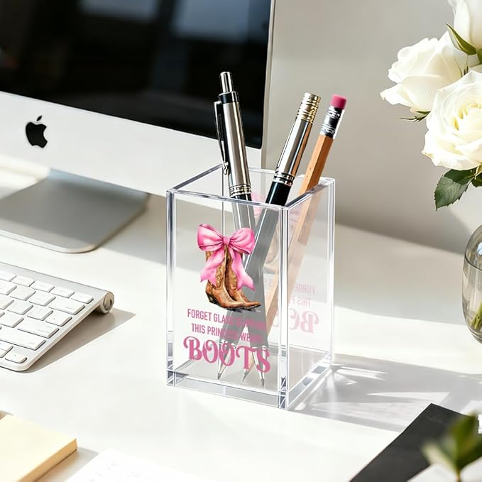 Forget Glass Slippers This Princess Wears Boots Cosmetic Organizer Pen Holder, Funny Cowgirl Vanity Accessories for Girls Daughter, Desk Accessories Makeup Brushes Holder for Women Her Friend