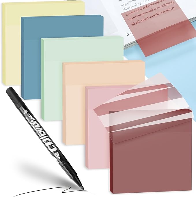 Transparent Sticky Notes with Marker Pen, Tecolu 7 Pads Clear Sticky Notes Sets, 5X The Sticking Power Translucent Sticky Note Pad, Waterproof & See-Through Sticky Notes