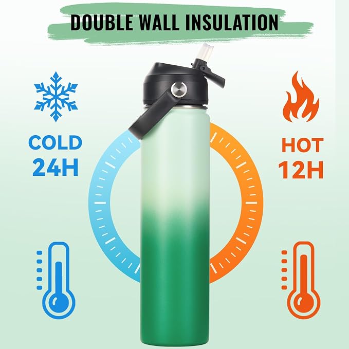 Fijinhom 24oz Insulated Stainless Steel Water Bottle, Wide Mouth Double Wall Vacuum, Silicone Straw, Sweat & Leak Proof, BPA Free Insulated Water Flask for Travel, Green Gradient