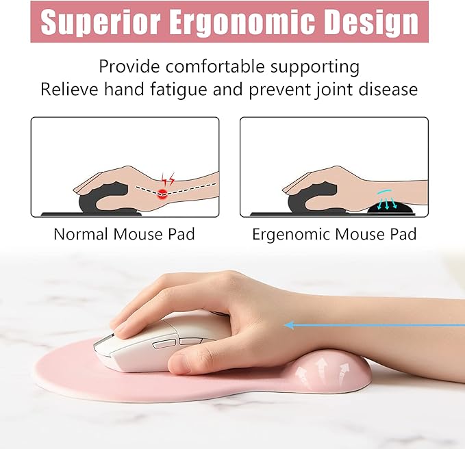 Hsurbtra Ergonomic Mouse Pad with Wrist Rest Support, Gel Mouse Pads with Non-Slip PU Base, Pain Relief Memory Foam Computer Mat, Cute Office Supplies Desk Decro Accessories, Pink