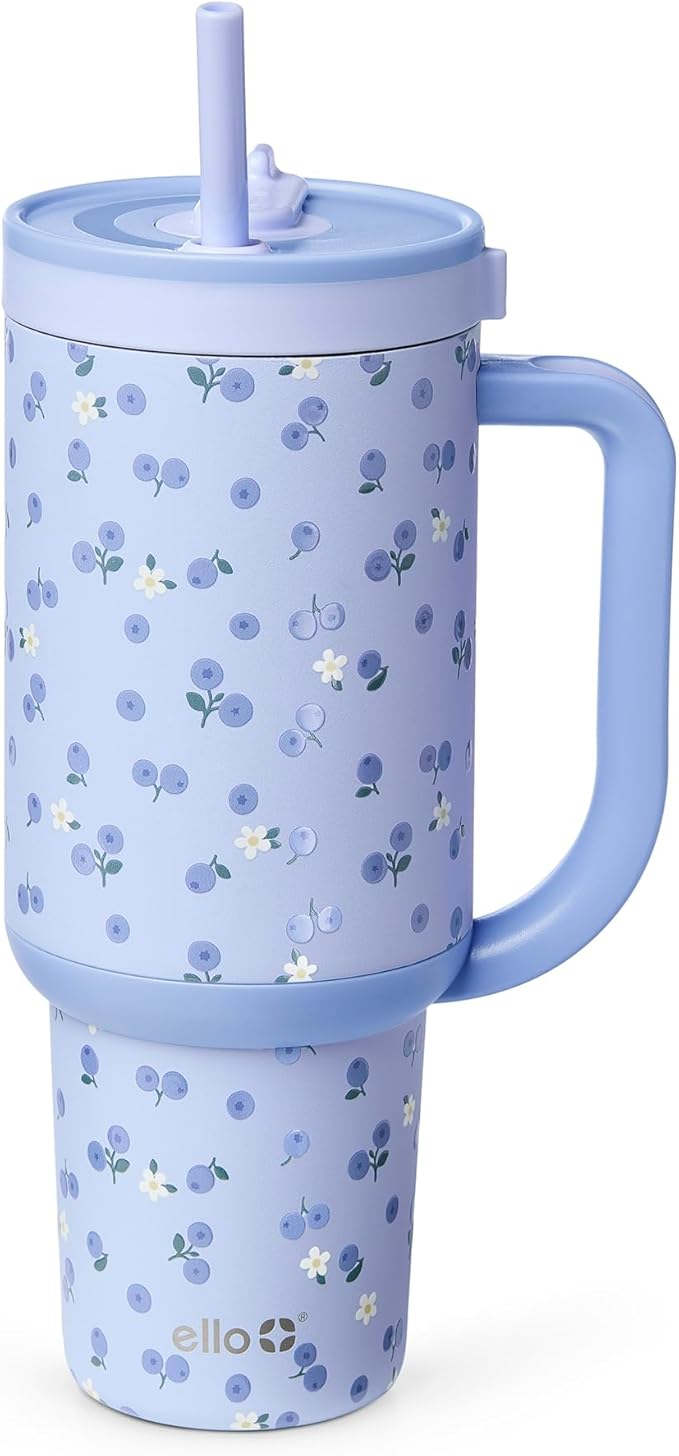 Ello Oasis 40oz Tumbler with Handle & Retracting Straw | Reusable Insulated Stainless Steel Cup 100% Leakproof | Gifts for Teens Women Men | Keeps Cold for 24 Hours | Cup Holder Friendly | Blueberries