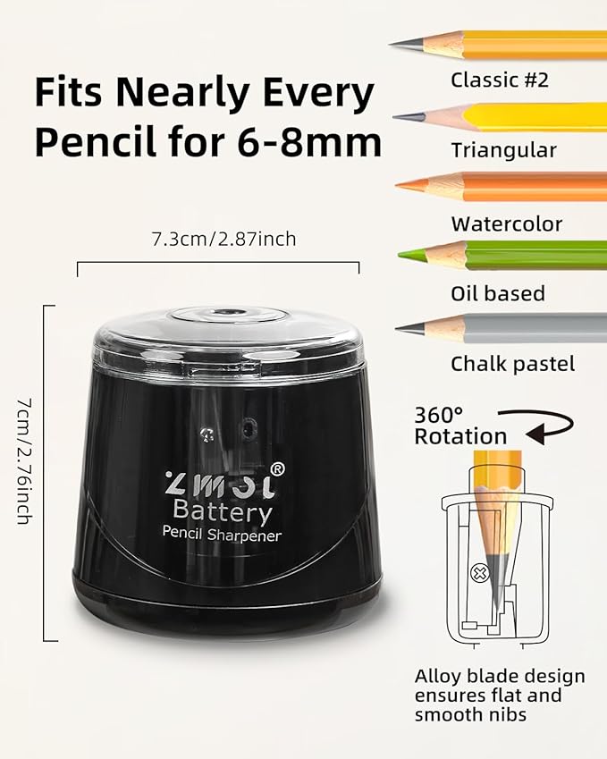 ZMOL Battery Powered Electric Pencil Sharpener,Small Battery Operated Colored Pencil Sharpeners Portable for Kids,Fast Sharpen, Suitable for No.2/Colored (6-8mm), School/Classroom/Office/Home Black