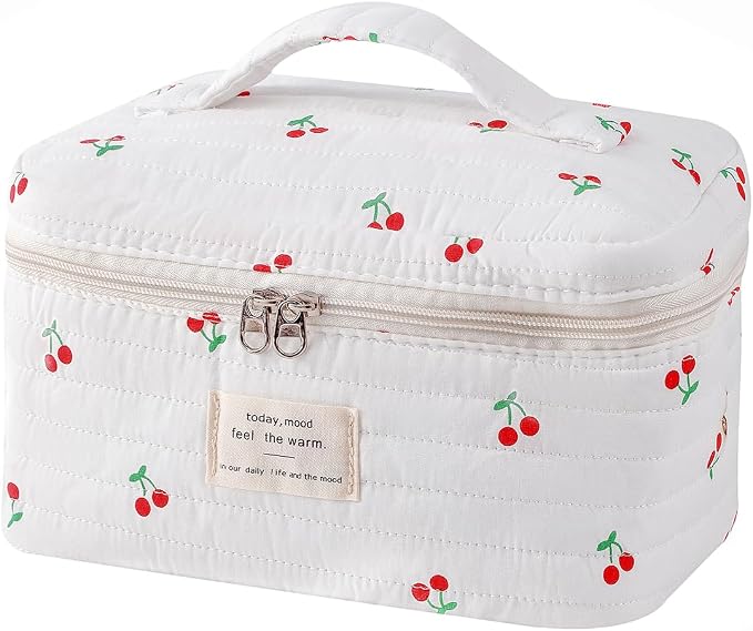 uekeboag Large Travel Quilted Makeup Bag for Women | Soft Floral Cotton Cosmetic Bag, Foldable Coquette Aesthetic Toiletry Organizer