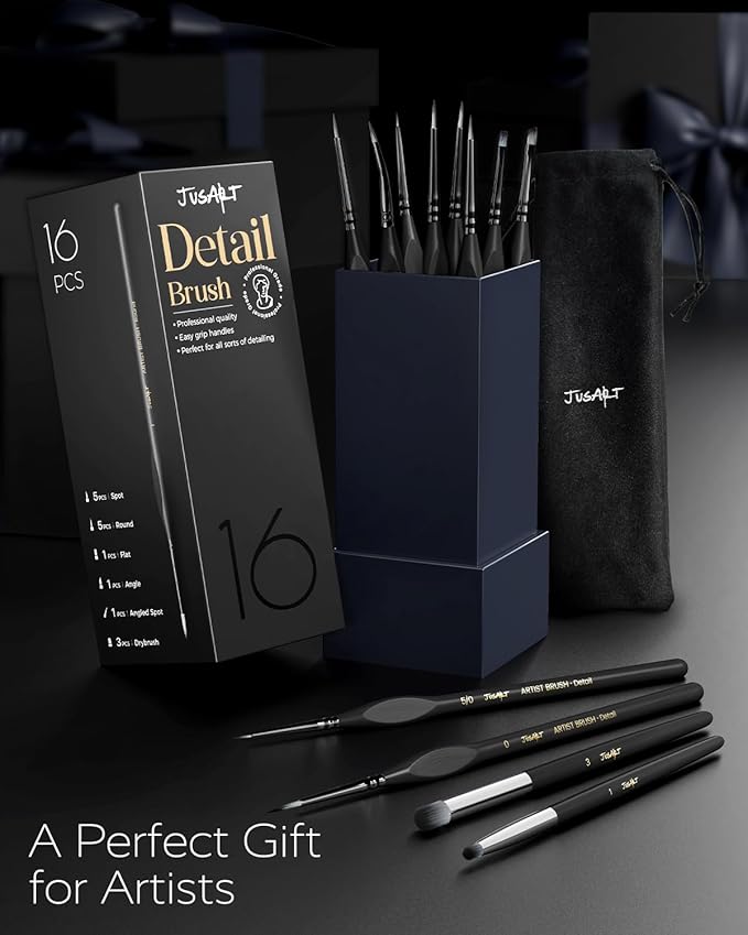 JusArt 16-Piece Detail Paint Brush Set, Miniature Paint Brushes for Models, Acrylic Oil Watercolor, Professional Fine Detail Brushes for Adults & Miniature Painters