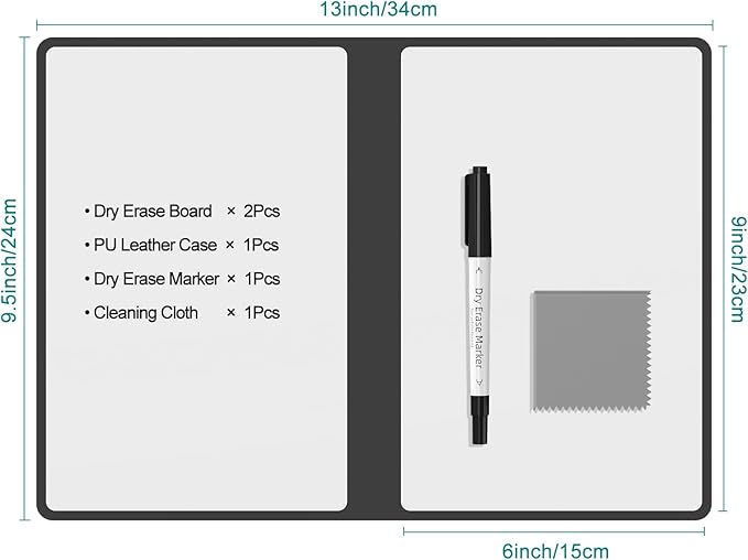 Portable Dry Erase Board,Reusable Whiteboard Notebook, Double-Sided White Board PU Cover 9.5"x6.6" with Marker,Wipe Cloth (Coffee Brown)