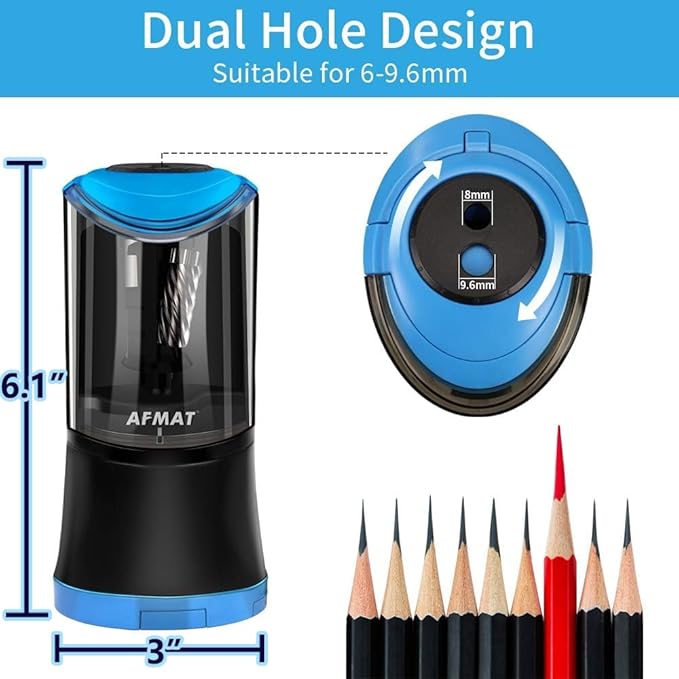 AFMAT Electric Long Point Pencil Sharpener, 2 Holes, Fast Sharpen & Auto Stop, 8-17mm Long Point, Rechargeable Artist Pencil Sharpener for 6-9.6mm Large Pencils, Charcoal/Drawing/Colored Pencils PS09