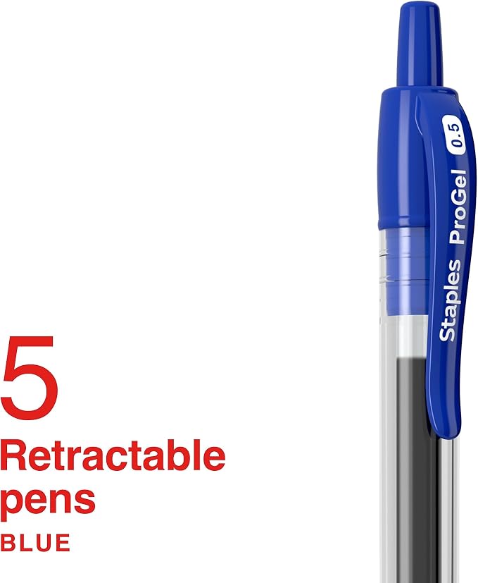 STAPLES ProGel Retractable Gel Pen, Extra Fine Point, 0.5mm, Blue Ink, 5/Pack