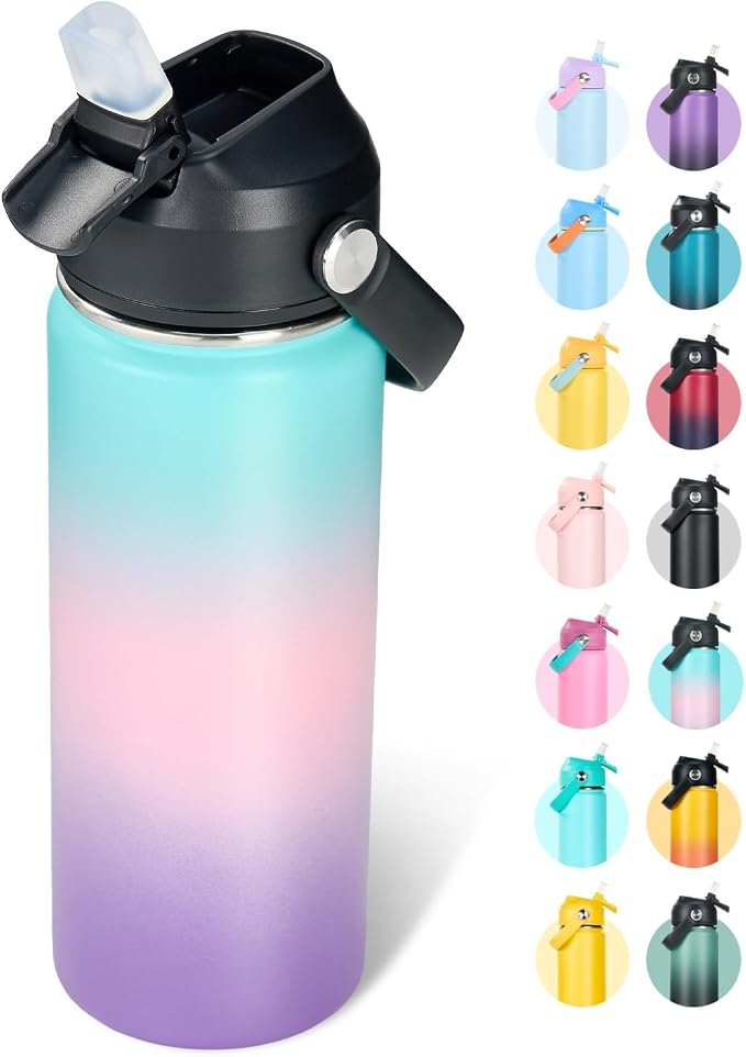 Fijinhom 18oz Insulated Stainless Steel Water Bottle, Wide Mouth Double Wall Vacuum, Silicone Straw, Sweat & Leak Proof, BPA Free Insulated Water Flask for Travel, Keep Cold 24h Hot 12h, Pink