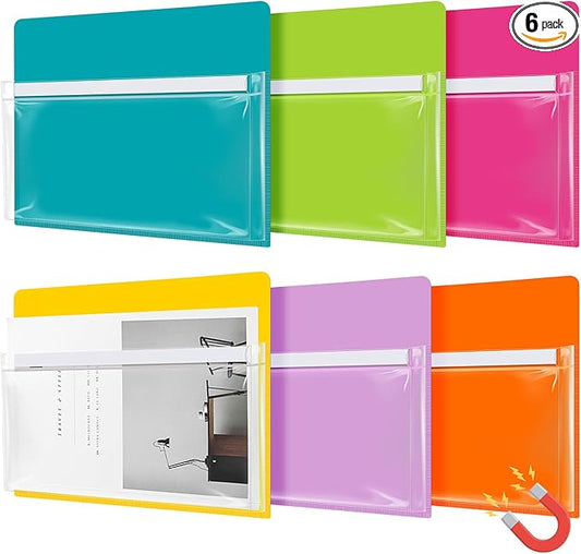 Fuutreo 6 Pack Magnetic File Holder with Clear Pocket and Label Insert 12 x 9.5 Inch Wall File Organizer for Whiteboard Fridge Locker Office Magazine Holder for Paper Mail(Bright Color,Horizontal)
