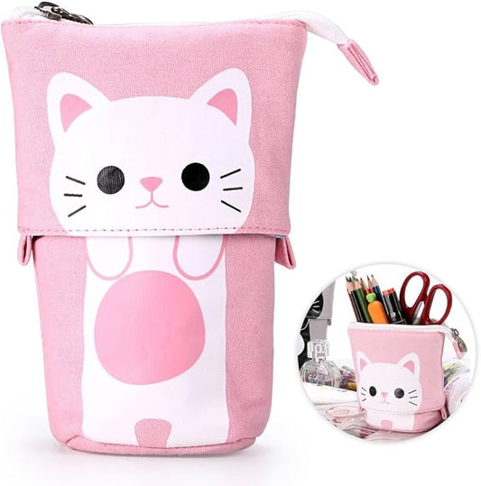 Telescopic Pencil Pouch Standing Pen Holder Cute Pencil Bags Stand Up Pen Case Cartoon Pencil/Pens Storage Box Canvas+PU Stationery Organizer Makeup Bag with Zipper Closure (Pink)