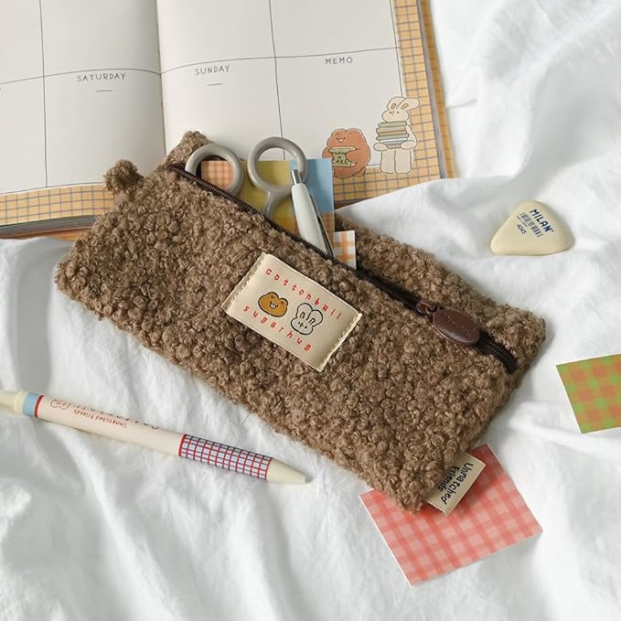 Monolike Unmatched Friends Bbogeuli Pencil Case, Brown - Slim Fuzzy Fleece Pen Pouch for Daily Use with Stain-Resistant Lining
