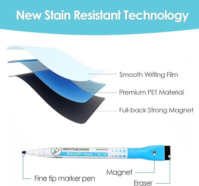 MaxGear Magnetic Blue Dry Erase Board Sheet 12"x8" for Refrigerator, Small Fridge Magnetic Whiteboard for Kitchen, Fridge Shopping List for Family Planner and Grocery List, 1 Eraser, 3 Markers