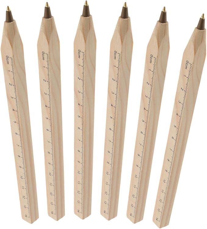 OUNONA 6pcs Degradable Black Ballpoint Pens Wooden Ruler Signature Ball Pens Set Natural Biodegradable Solid Wood Carpenter Marker for Office and School Use