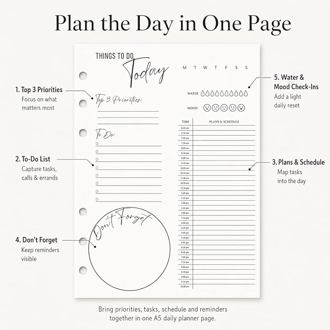 A5 Daily Planner Inserts, 6-Ring Undated Planner Refill Pages with To Do List, Hourly Schedule & Reminders, 100 Double-Sided Sheets, 100gsm White Paper, 5.8 x 8.3 in