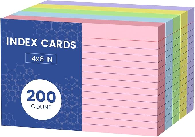 Colored Index Cards 4x6 Inch, 200 Count Note Cards 4x6, 5 Colors Flash Cards for Studying, 40 Sheets Per Color Lined Index Cards Ruled, Colored Notecards 4 x 6 for Office, School, and Home