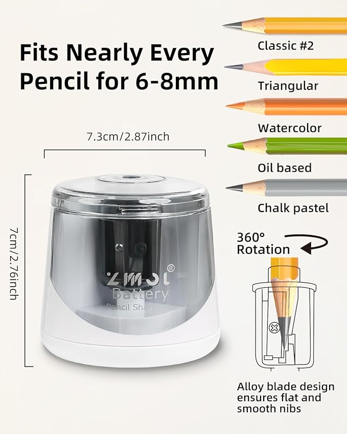 ZMOL Battery Powered Electric Pencil Sharpener,Small Battery Operated Pencil Sharpeners Portable,Fast Sharpen, Suitable for No.2/Colored Pencils(6-8mm), School/Classroom/Office/Home White