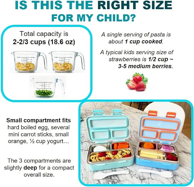 kinsho Small Stainless Steel Bento Box Lunch Container Baby Toddlers, Green | Small Bento, 3 Eco Metal Portion Sections, Silicone Seals, Leakproof Lid, Spill-Proof Meal Container for Pre-School & Daycare