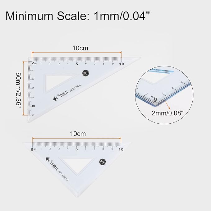 HARFINGTON 4piece Triangle Ruler Square Set 10cm 30/60 and 45/90 Degrees Measuring Tools for Classrooms Home Office, Blue