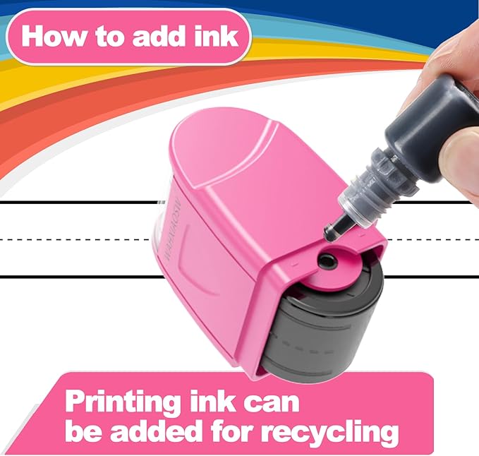 Handwriting Stamp Line Roller,Handwriting Lines Stamp Roller Self-Inking Line Rolling Stamps Handwriting Practice Tool for Teachers Kids Kindergarten-1refill Ink Included (-Pink)
