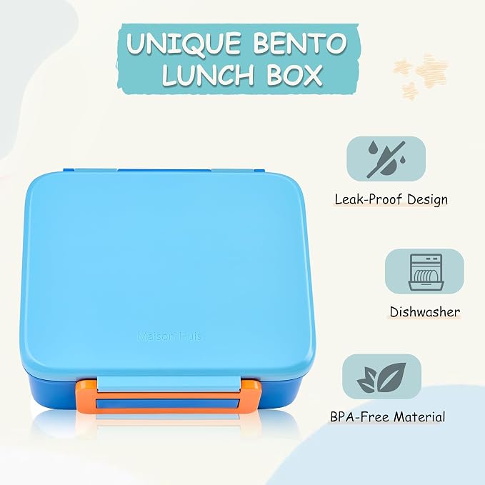 Bento Lunch Box for Kids with 8oz Soup Thermo Leak-Proof Lunch Food Containers with Snack Sauce Container for Kid Girls Boys to School, Blue