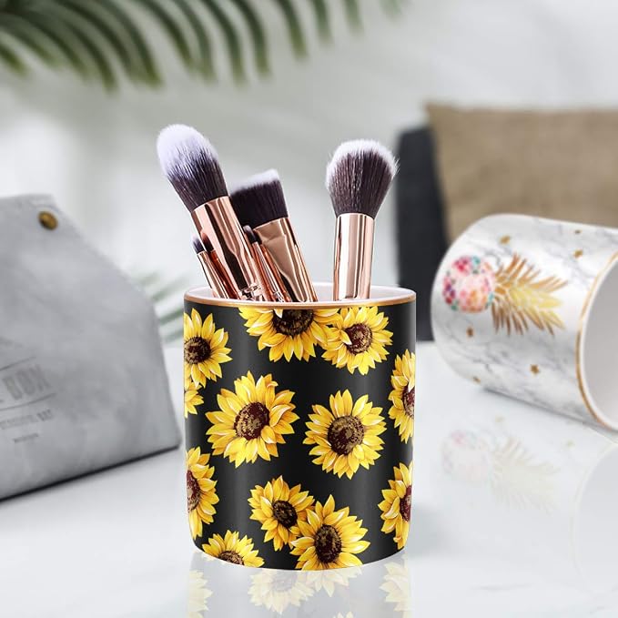 Pen Holder, Cute Pencil Holder for Desk, Makeup Brush Holder Floral Pattern, Pencil Cup for Girls Women, Durable Ceramic Desk Organizer Flower Decor for Office, Classroom, Sunflower