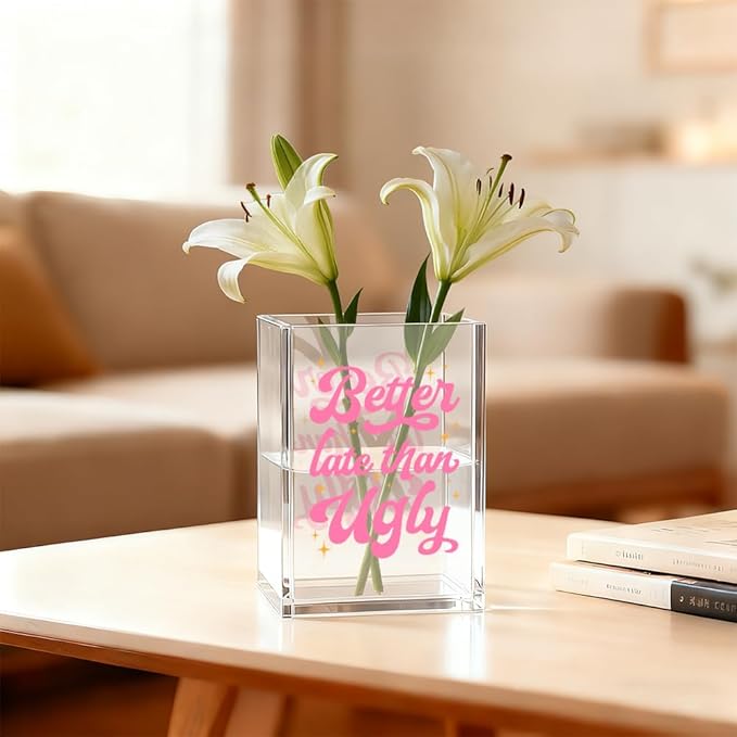 Better Late Than Ugly Acrylic Cosmetic Organizer Pen Holder, Women Empowerment Acrylic Desk Holder Cup for Pen Pencil, Humorous Office Gifts for Women Coworker Makeup Lover Feminism