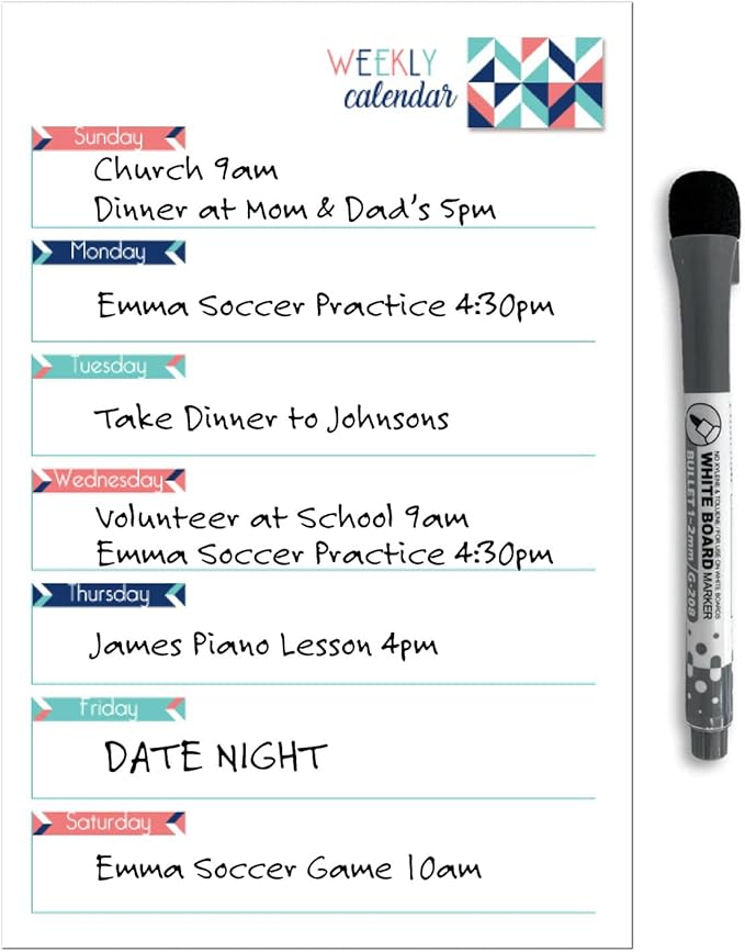 Dry Erase Weekly Calendar Planner Sticker Decal | Removable & Reusable | Magnetic Fine-Tip Marker Included (6 x 9 inches, Geometric)