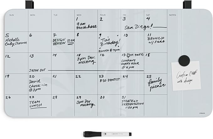 U Brands Magnetic Cubicle/Wall Glass Dry-Erase Monthly Calendar Board, 23" X 12" Inches, White Frosted Surface, Frameless