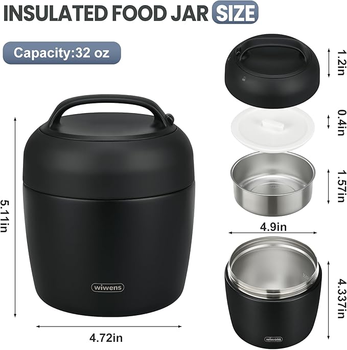 wiwens Thermo Food Jar for Hot Food Adults 32OZ Soup Thermo Lunch Containers Wide Mouth Vacuum Insulated Stainless Steel Leakproof Bento Box with Spoon
