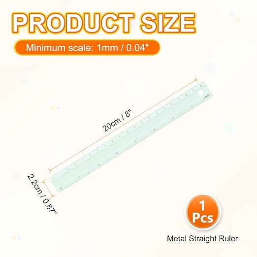 HARFINGTON Metal Straight Ruler 8 Inch(20cm) Metric Aluminum Alloy Measuring Rulers Scale Tool with Hole for Measure Study Reading Classroom Office, Light Green