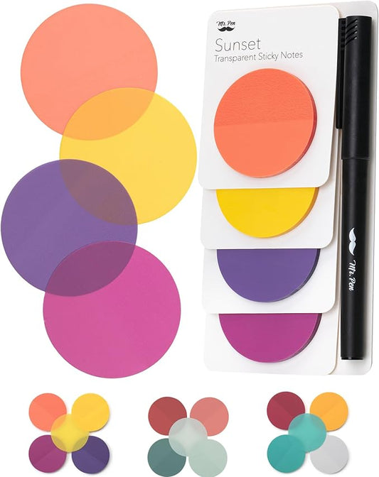 Mr. Pen- Round Transparent Sticky Notes, 1.8”, 4 Pads with Black Fineliner, 200 Sheets, Smooth Writing, Water-Resistant, Clean Removal, Easy-Peel Sticky Notes for Bible Journaling & Planning