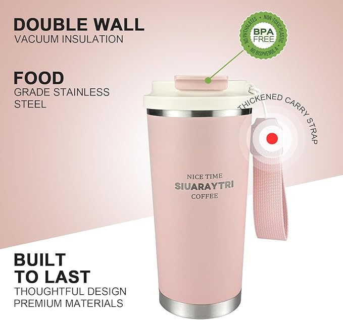 20oz Tumbler Stainless Steel Vacuum Insulated Coffee Travel Mug Reusable Iced Coffee Cup Hot Coffee Travel Mug with lid and straw Cupholder Friendly Leak-Proof BPA Free (Pink)