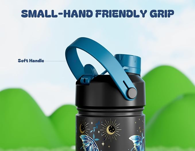 18 oz Kids Insulated Water Bottle: Glow-in-the-Dark, 2-in-1 Straw Spout Lid, Leakproof, BPA-Free, Keep Cold 24H, Stainless Steel Cup for School, Party, Travel, Holiday, Gift (Gilded Flutter)
