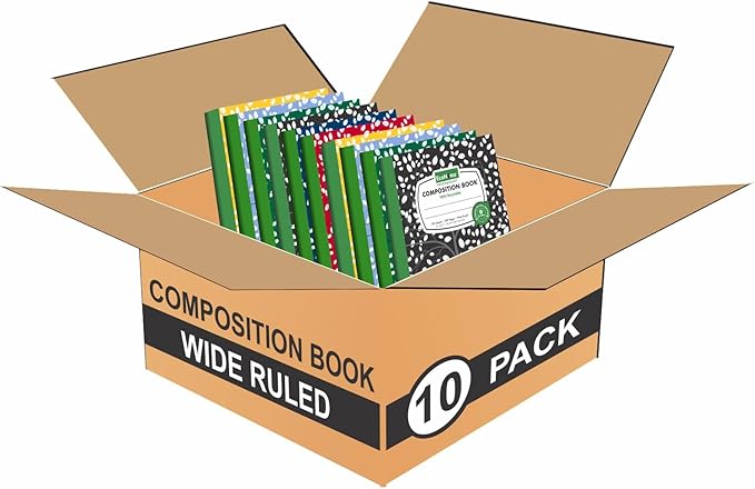 Composition Notebooks Pack of 10 Wide Ruled 200 Pages (100 Sheets) 9.75"x7.5" Carbon Neutral Recyclable Paper Eco-Friendly School & Office Supplies For Students and Professionals Assorted Color
