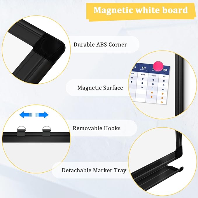 Double-Sided Magnetic Whiteboard, 24" x 18" Dry Erase Board Black Aluminum Frame for Wall, White Board Dry Erase Marker Board for Kitchen, Memo, School, Home, Office