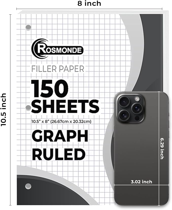 Rosmonde 6750 Sheets Graph Paper Bulk, 45 Pack, Bulk Grid Paper, 4x4, 8" x 10.5", 3 Hole Punched, Quad Ruled Sheets, Thick Graphing Paper, Fights Ink Bleed, Bulk Loose Leaf Paper, Bulk School Supplies