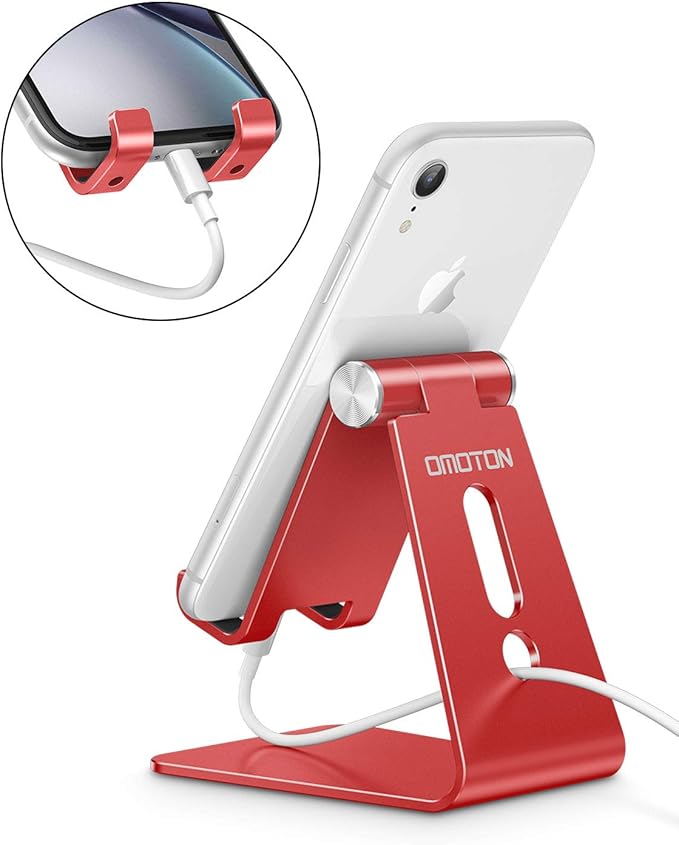 OMOTON Adjustable Cell Phone Stand, C2 Aluminum Desktop Phone Holder Dock Compatible with iPhone 15 14 13 Xs XR 8 Plus 7 6, Samsung Galaxy, Google Pixel, Android Phones, Red