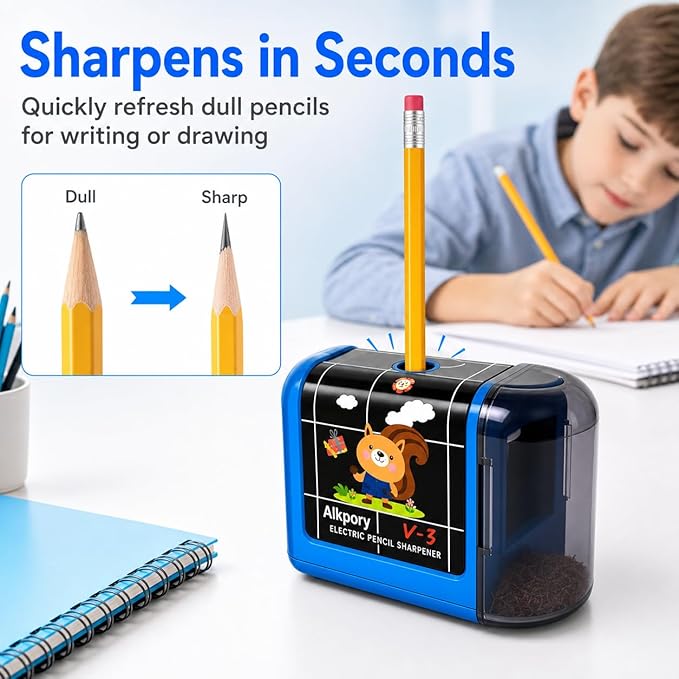 Battery Operated Electric Pencil Sharpener for Kids, Auto Stop Safety Switch, Fast Pencil Sharpener for No.2 and Colored Pencils, Portable Desk Sharpener for School, Home, Office, Blue