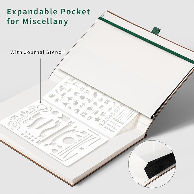 AHGXG Dotted Journal - Dot Grid Notebook Journal, 120 GSM Thick Acid-Free Paper, Large B5 Dotted Notebook 96 Pages, Leather Softcover, Inner Pocket, Journal Stencil, 7.6'' X 10'', Dark Green