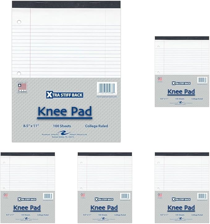 ROARING SPRING Knee Pad College Ruled Extra Stiff Back Legal Writing Pad, 3 Hole Punched, 8.5 x 11.75 100 Sheets, White (Pack of 5)