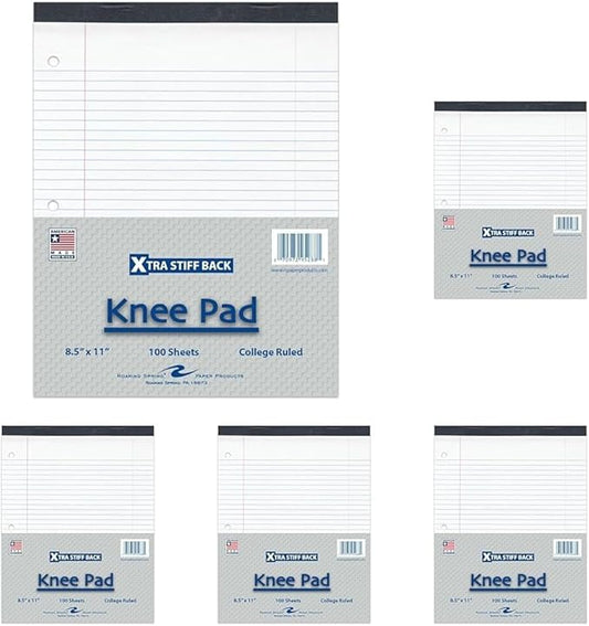 ROARING SPRING Knee Pad College Ruled Extra Stiff Back Legal Writing Pad, 3 Hole Punched, 8.5 x 11.75 100 Sheets, White (Pack of 5)