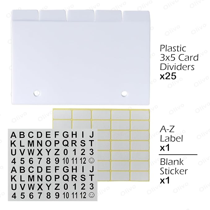 Olivo Plastic Index Card Dividers 3x5 Poly Index Card Guides Set with 1/5 Cut Tabs for A-Z Alphabet, 2 Holes Punched, White, 25 Pack