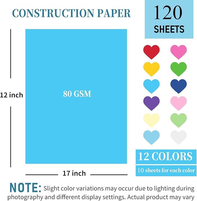 120 Sheets Construction Paper Assorted Colors for Art Craft Drawing 12"x 17.3", 80gsm Colored Craft Paper Medium Weight for Arts Party Decoration