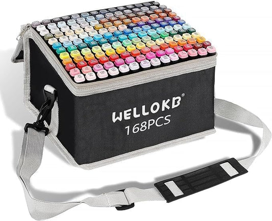 WELLOKB Alcohol Markers, 168 Colors Dual Brush Tip Permanent Art Markers for Drawing,for Adult Coloring, Alcohol, Based Ink Ideal for Book Painting and Card Making