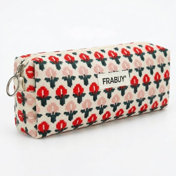 Soft Corduroy Pencil Case Pen Pouch Organizer, Small Stationery Bag | Cute little red flower pencil pouch, smooth zipper, daily cosmetics holder, compact organizer for school teen girls, women