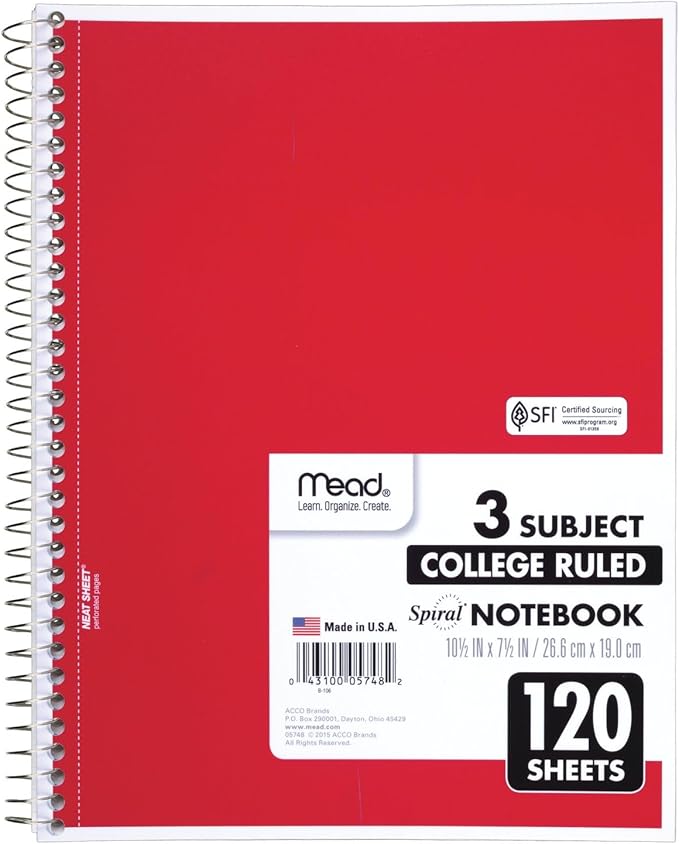 Mead Spiral Notebook, 3 Subject, College Ruled Paper, 120 Sheets, 10-1/2" x 8", Color Selected For You, 1 Count (05748)