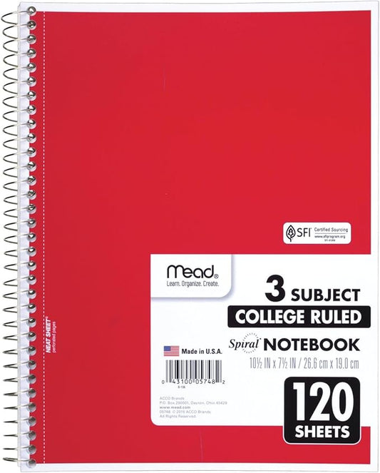 Mead Spiral Notebook, 3 Subject, College Ruled Paper, 120 Sheets, 10-1/2" x 8", Color Selected For You, 1 Count (05748)