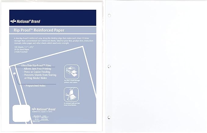 National Rip Proof Reinforced Filler Paper, 3-Hole, 8.5 X 11, Unruled, 100/pack,White