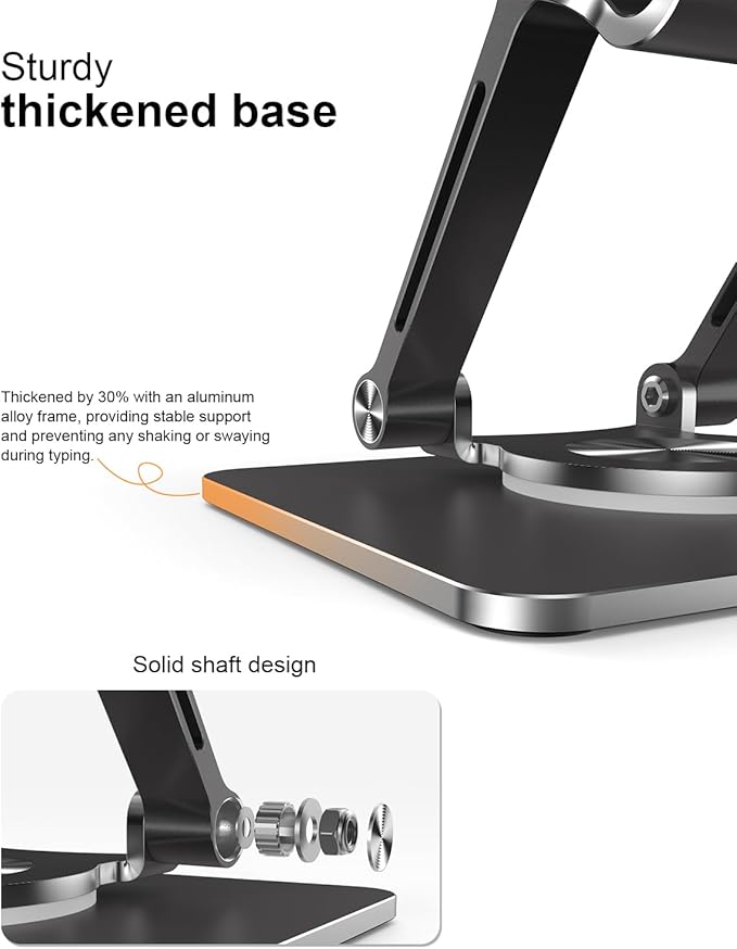 Orlian Tablet Stand Holder with Thickened 360°Rotating Base Dual Rod Adjustable Aluminum Stand for All 5.8-12.9” iPad Samsung Phone Tablet Kindle E-Reader and More, Black