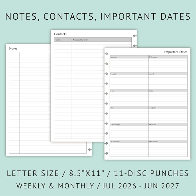 2026-2027 Weekly Planner Refills for 11-Discbound Notebooks, Jul 2026 to Jun 2027, Monthly Tabs, 11-Disc Punches, Letter Size, 8-1/2" x 11"